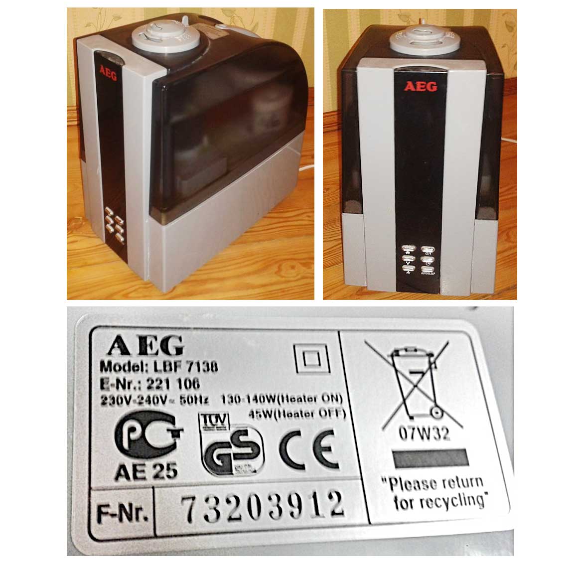Общий вид и этикетка ультразвукового увлажнителя воздуха aeg-lbf-7138